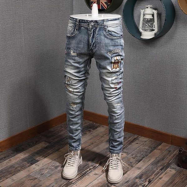 

fashion brand embroidered denim jeans men hole patch hommes jeans stretch casual personality slim fit pant trouser for men, Blue