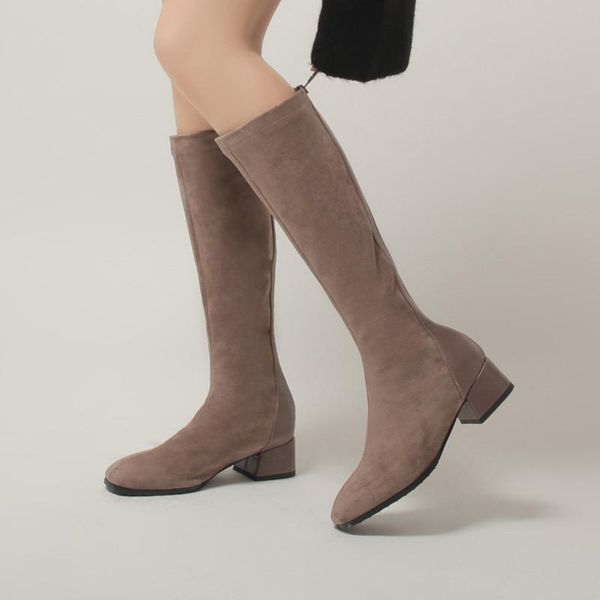 

boots ymechic 2021 womens back zipper chunky heels long suede stretch black slim knee high plus size autumn botas female shoes