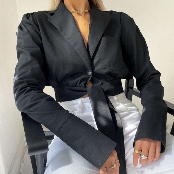 

style autumn winter short open ins navel solid one button suit collar design shirt t-shirt women, Black;gray