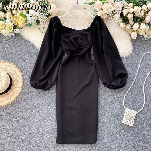 

casual dresses kimutomo elegant women bodycon party dress solid slim waist autumn fashion korean ladies vestidos lantern sleeve chic1, Black;gray