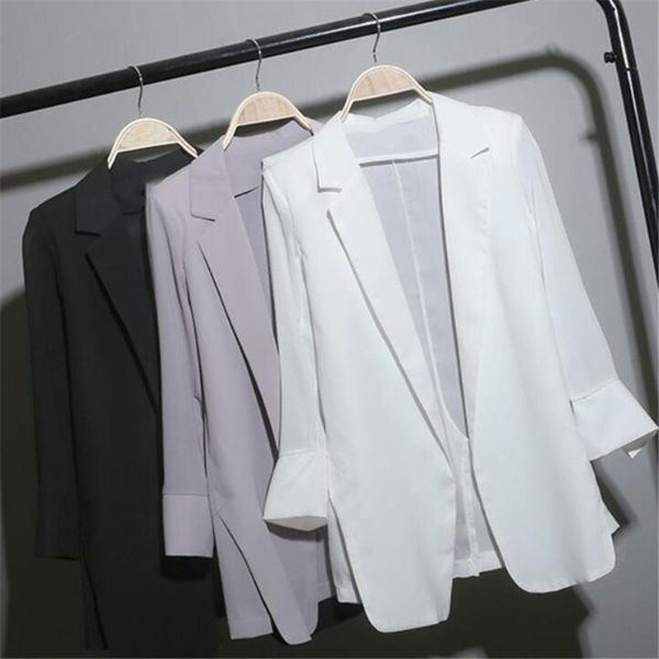 

korean mid-long loose chiffon blazers coat women fashion summer white suit large size thin coats outerwear kg-47, White;black