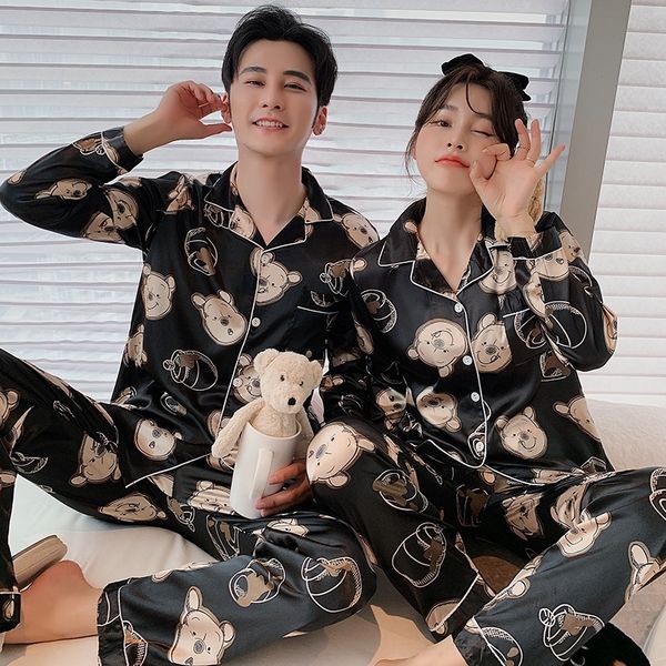 

cwcl xifenni silk pajama couple female silk spring faux matte sets flower printed sleepwear man woman blue new silky pyjamas 2-pieces x9940, Black;red