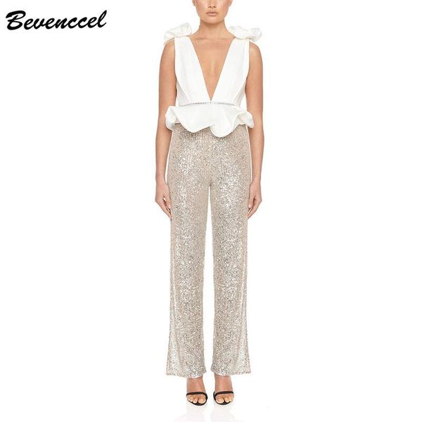 

bevenccel women's jumpsuits 2020 new arrival deep v ruffle sequins beads bodycon romper elegant backless split jumpsuit, Black;white