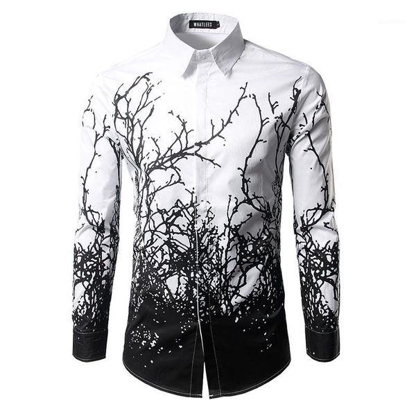 

men 2017 branches ink printing mens dress shirts casual slim fit white black chemise homme cotton shirts men1
