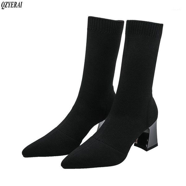 

stretch knitting ankle sock boots fashion women pointed toe slip on winter party shoes strange high heels fashion boots1, Black