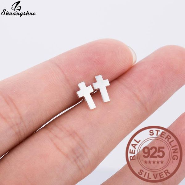 

stud shuangshuo classic gothic earrings cross 925 sterling silver women jewelry small oorbellen, Golden;silver