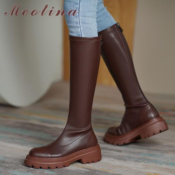 

boots meotina knee high women real leather platform block heels long shoes zip mid heel slim autumn winter brown 40, Black