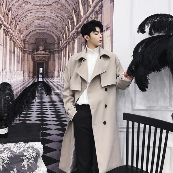 

mens trench coats man double breasted long coat men clothes slim fit overcoat long sleeve british quality autumn new designer1, Tan;black