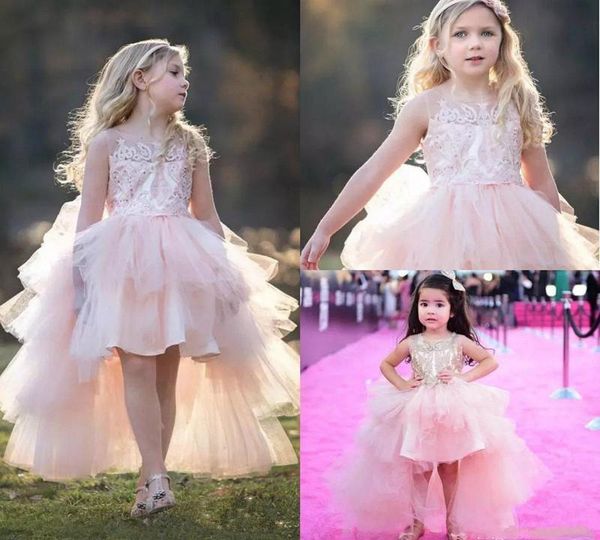 

toddler pageant party gowns tiered tulle high low flower girls dresses for weddings with lace applique sleeveless princess dress l51, White;blue