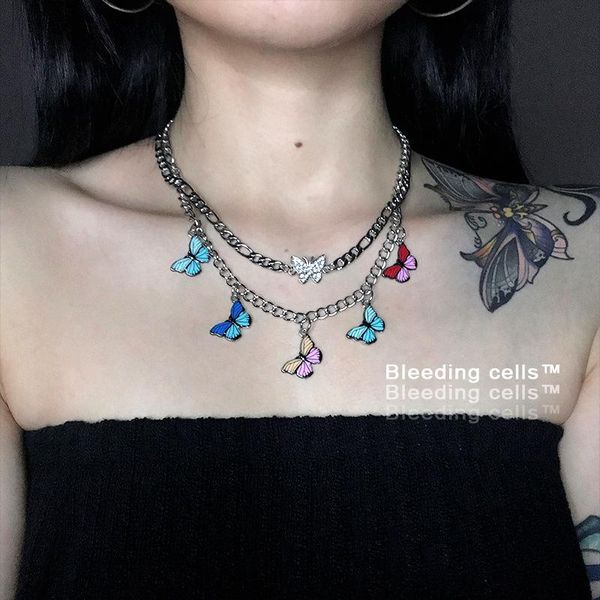 

pendant necklaces ins with diamond color butterfly necklace european and american retro homemade lisa 90s cool girl, Silver