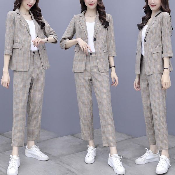 

women's tracksuits 2021 autumn fashion houndstooth lattice blazers+wide-legged pants business suits female vintage two-piece sets, Gray