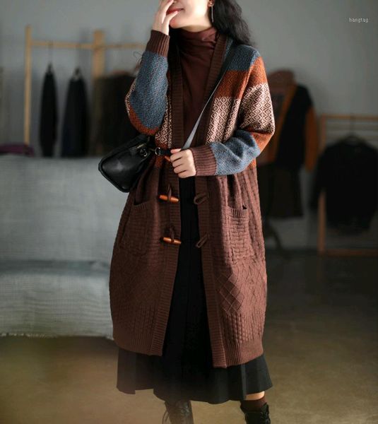 

long sweater v neck 2020 autumn winter new retro buckle knit cardigan pockets striped long sweater for women1, White