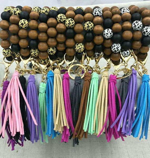 

cross-border creative multicolor handmade wooden bead bracelet korean velvet tassel pendant keychain, Golden;silver