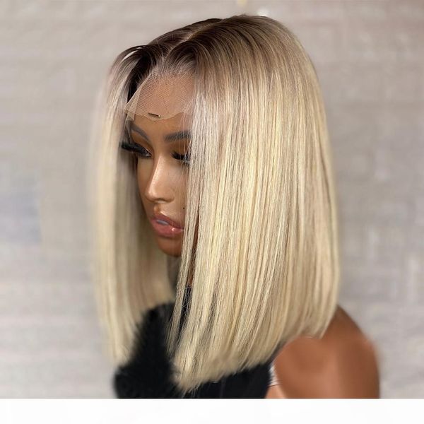 

130% t4 613 short straight bob wigs ombre colored lace front human hair wigs for women 13x4 brown root plucked remy brazilian, Black;brown