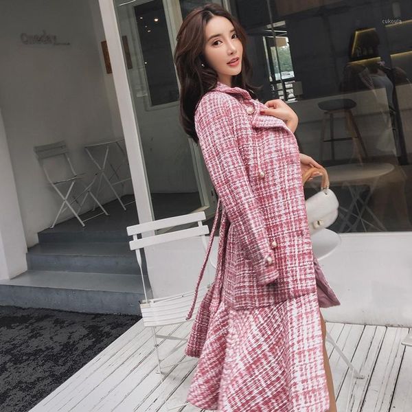 

elegant mermaid womens pink plaid tweed coats autumn winter long sleeve double breasted belt waist medium length trench coats1, Tan;black