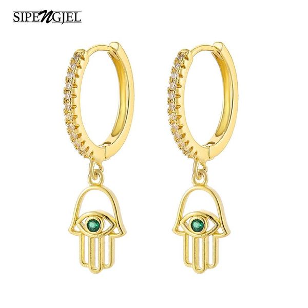 

hoop & huggie sipengjel fashion cubic zircon palm green stone earrings gold and silver color for women korean jewelry 2021, Golden;silver