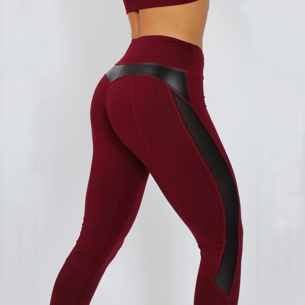 

selling new imitation leather splicing yoga sports leggings fitness pants, Black