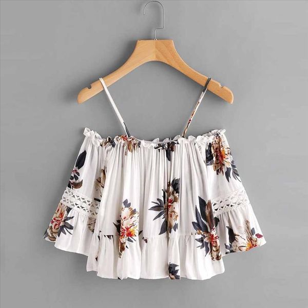 

stylish bar 2021 camis women floral lace casual off shoulder crop cluster print peplum racerback cami top, White