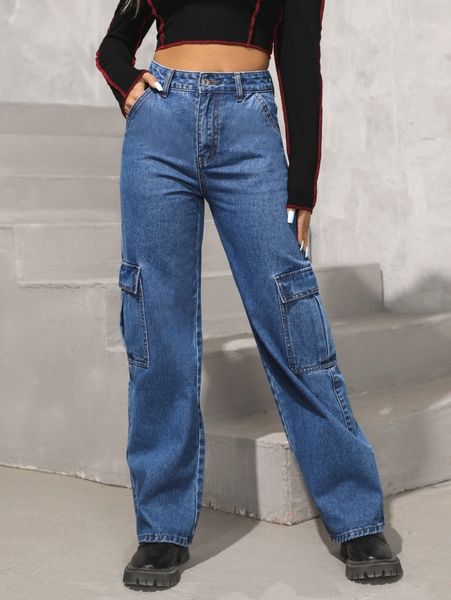 

petite high waist cargo jeans m9ba#, Blue