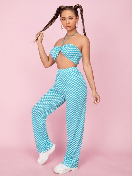 

crisscross drawstring checked halter & pants m3bb#, White