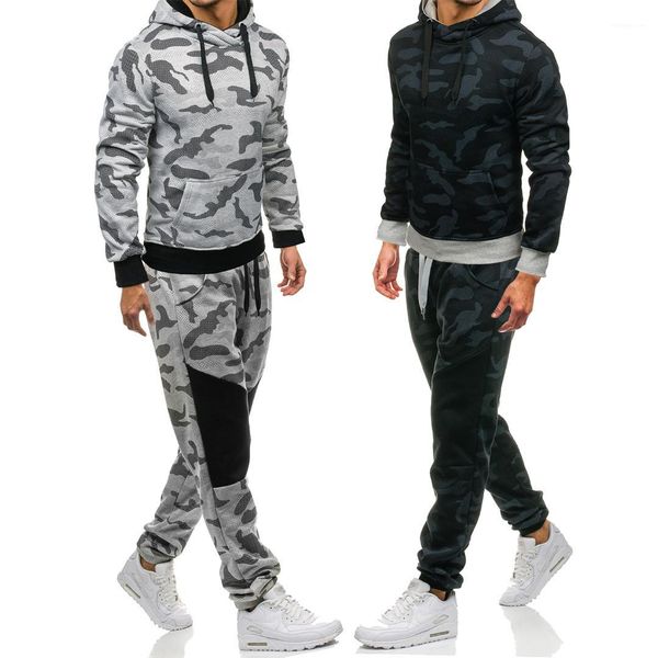 

long sleeve camouflageprint hoodies pants 2pcs clothing sets running homme sportswear spring autumn mens sports tracksuits designer, Gray