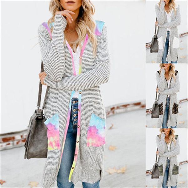

striped leopard coats fashion trend casual gradient color pocket cardigan jackets designer long sleeved single breasted outerwear ladies, Black;brown