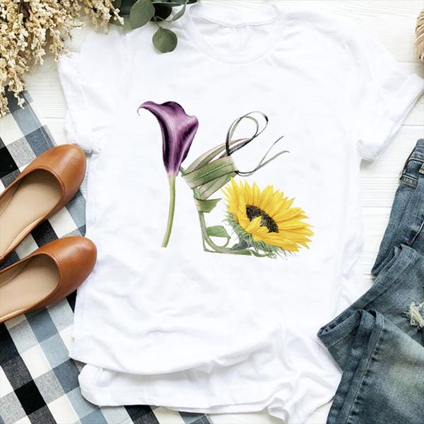 

women lady floral sunflower 90s camisas mujer print ladies t tee womens shirt clothes tshirt female graphic t shirt, White