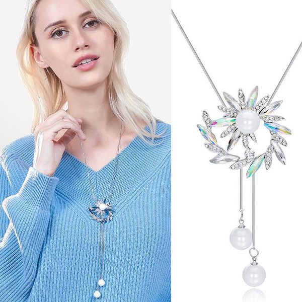 

crystal flower long necklace for women fashion jewelry simulated pearl pendants necklaces sweater chain gift collar mujer, Silver