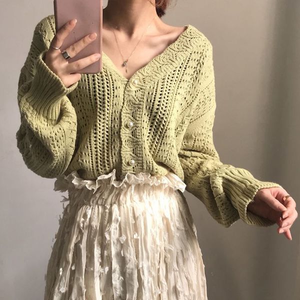 

autumn spring pullover casual loose v-neck women sweater long sleeve solid single breasted off shoulders female knit jumper
