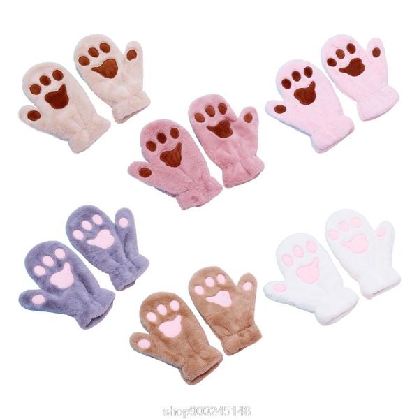 

five fingers gloves women student winter fuzzy plush full finger cute cartoon cat outdoor windproof snow ski mittens n03 20 drop, Blue;gray