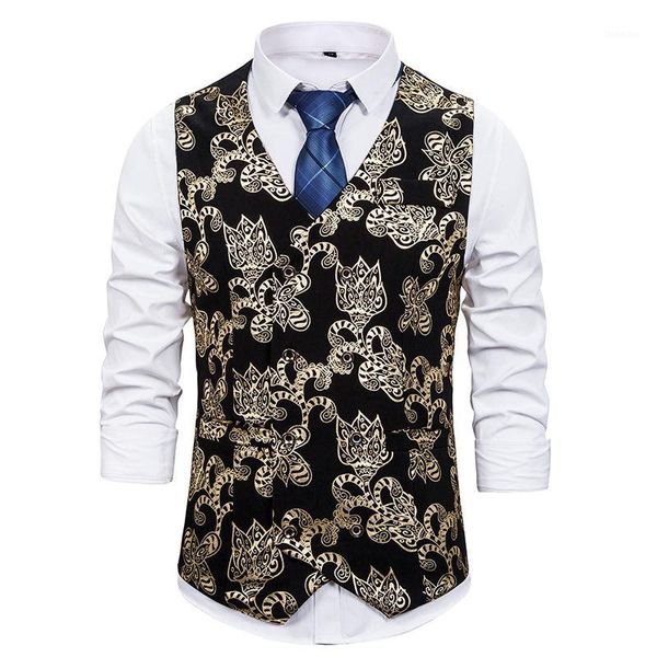 

men's vests men homme steampunk suit vest sleeveless slim fit gold floral printed dress mens wedding double breasted waistcoat gilet1, Black;white