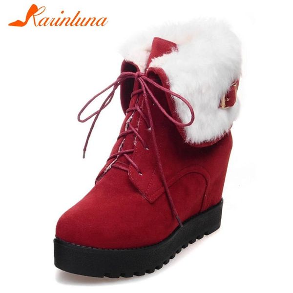 

karin 2020 big size 43 women shoes wedges round toe fur short plush keep warm ankle sweet platform increased internal boots, Black