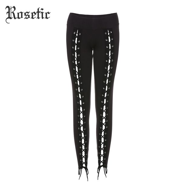 Rosetic Gotik Tayt Pantolon Bandaj Kadın Bahar Siyah Ince Dantel-Up Streetwear Sıska Moda Seksi Casual Harajuku Goth Pantolon 201014