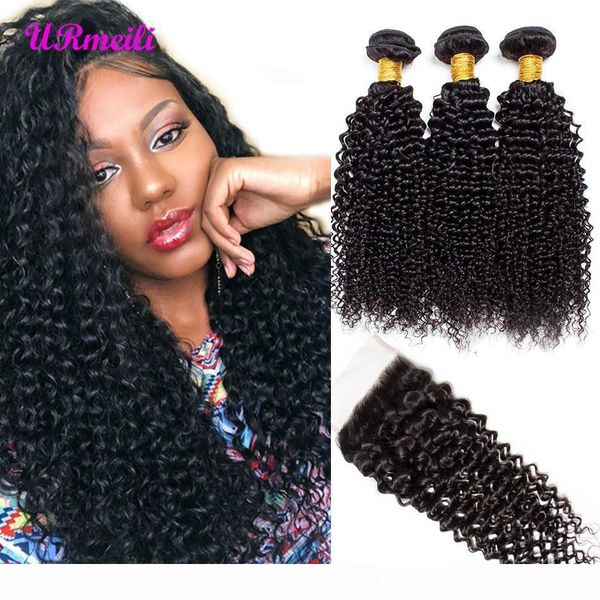 

kinky curly virgin human hair with closure raw brazilian virgin hair 3 or 4 bundles with closure dhgate 10a grade remy human hair, Black;brown