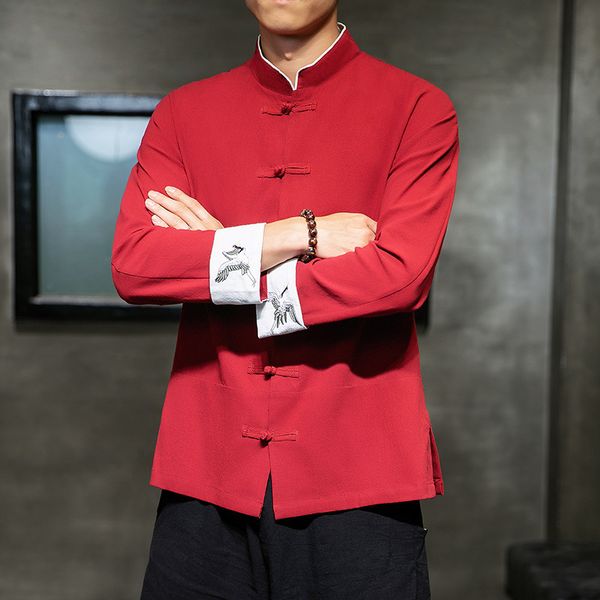 

chinese style autumn men's crane embroidered long sleeve shirt red comfortable fashion, White;black