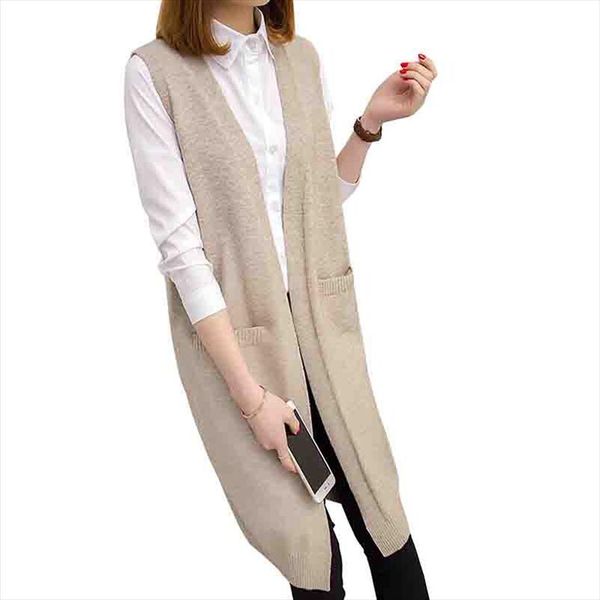 

2020 korean women loose solid color long coat autumn sleeveless knitted vest fashion v neck ladys sweater cardigan waistcoat, Black;white