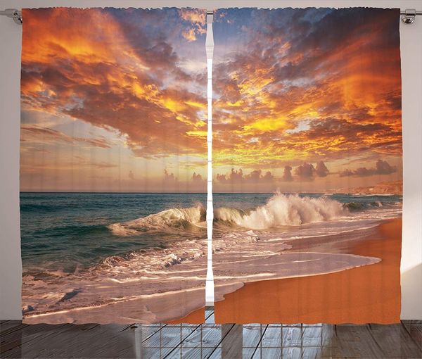 

ocean curtains vicious sea waves in a stormy day at sandy beach sunset with grey clouds living room bedroom window drapes orange