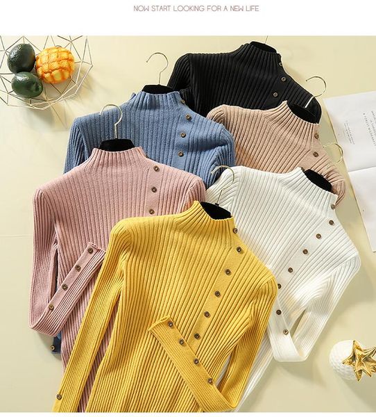 

new fashion autumn women solid knitted turtleneck slim sweaters female pullovers cotton soft elastic color button full sleeve, Black;white