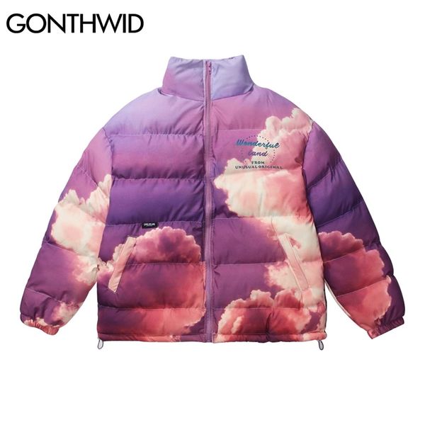 Gonthwid Cottond Yastıklı Ceketler Streetwear Hip Hop Galaxy Günbatımı Bulut Baskı Tam Zip Yansıtıcı Ceket Kaban Rahat Tops Dış Giyim 210203