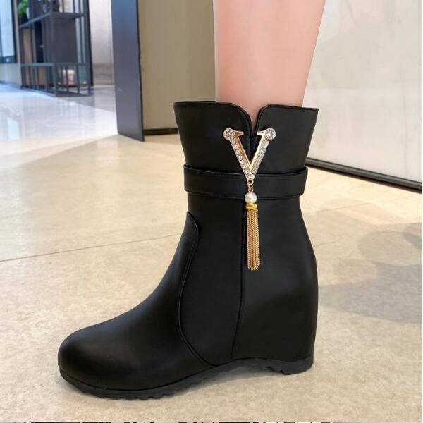 

women ankle boots chaussure booties pu leather high heels pumps height incleasing wedges shoes woman zapatos mujer sapato d2065, Black