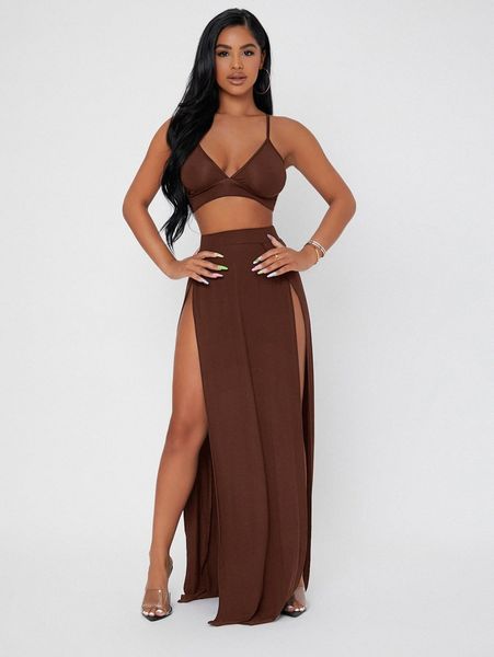 

petite solid cami crop & split thigh skirt set r2r5#, White