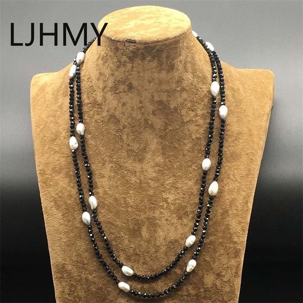 

string black onyx faceted sparking real freshwater pearl necklace long 50 inches punk layered custom necklace women y200730, Silver