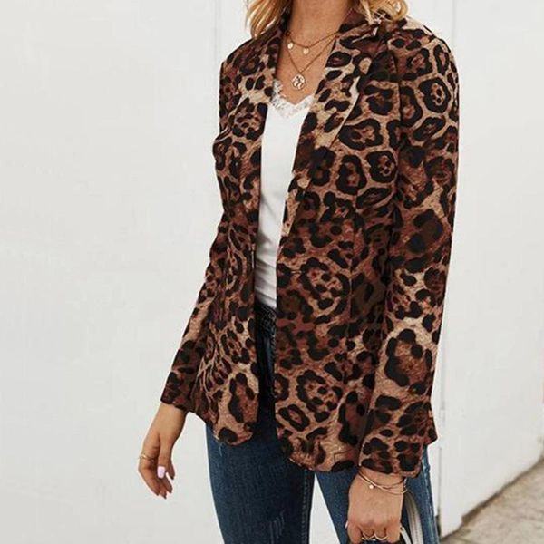

autumn women's leopard print jacket female medium length thin slim coats outwear single button long sleeve suit ladies1, Black;brown