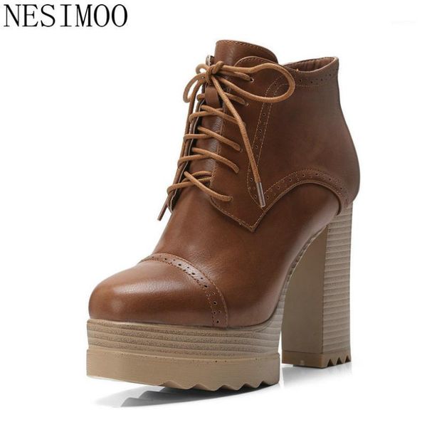 

boots nesimoo 2021 women ankle platform square high heel round toe synthetic winter shoes motorcycle big size 34-421, Black