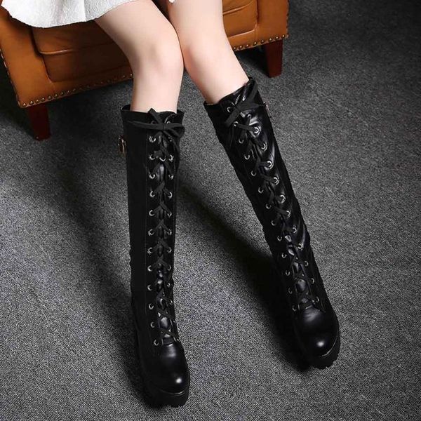 

women high heel lace up thick platform knee square heel boot snow boot shoes woman zapatos de mujer fashion women shoe, Black