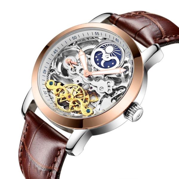 

2020 new automatic mechanical watch skeleton business mens watches luxury casual leather relogio male montre watch men relojes, Slivery;brown