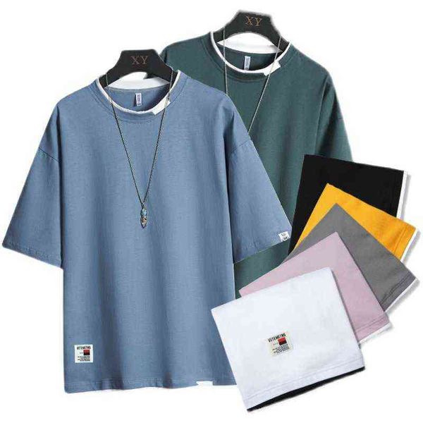 

sleeve t-shirt short men 2021 summer men's solid color loose half t-shirt round neck gap imitation cotton casual cloth fashion, White;black