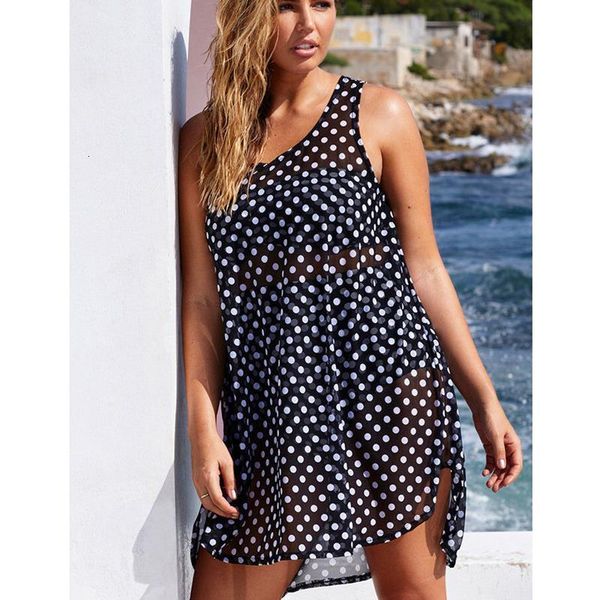 

women dresses casual loose summer beach mini dress sleeveless cover up kaftan sarong plus size black dot transparent hot, Black;gray