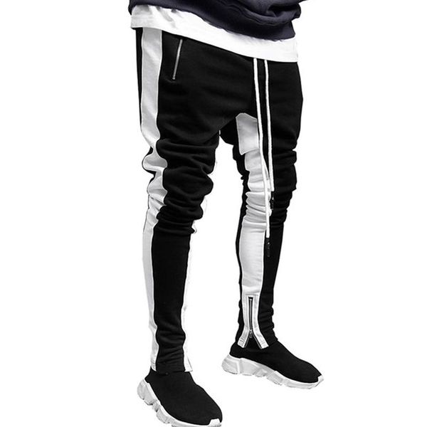 

joggers men spring and autumn new fashion casual eurocode men match color zipper slim sports jogging pants, Black