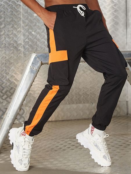 

men drawstring waist contrast side seam cargo pants i23h#, Black
